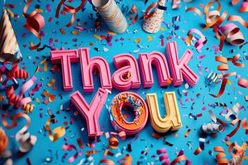 Colorful confetti and thank you message on blue background