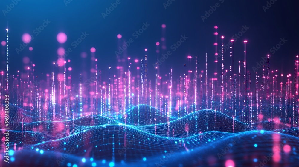 Poster abstract digital background with glowing lines and dots in vibrant blue and pink colors, representin