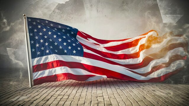 Patriotic illustration featuring the waving USA flag at the grey wall background with space for text, promoting the upcoming USA election 2024 and voting themes.