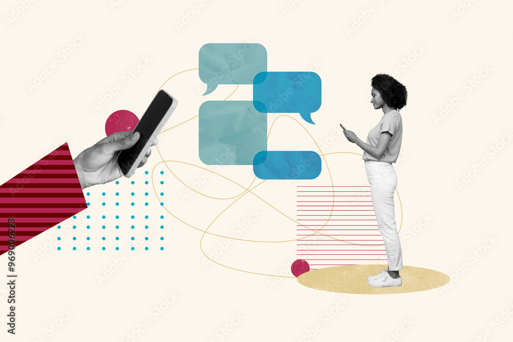 Poster trend artwork sketch image composite 3d collage of workspace graphic speech cloud textbox chatting d