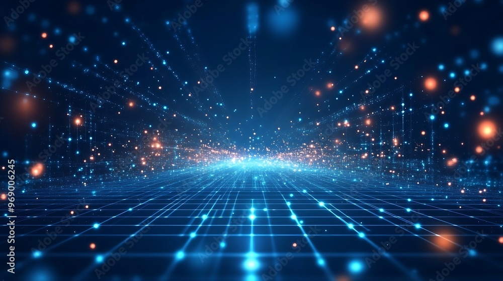 Poster abstract digital background with glowing particles and grid pattern, ideal for technology and futuri