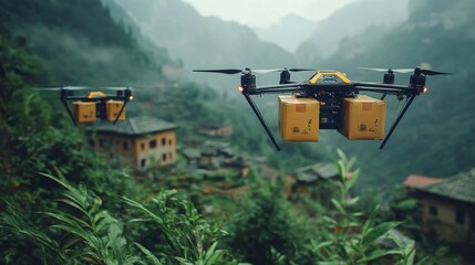 Autonomous AI-guided drones delivering parcels to remote mountain villages: Drones transporting essential goods to areas with limited access, guided by AI systems.