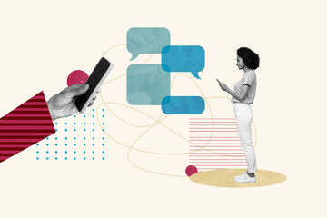 Trend artwork sketch image composite 3D collage of workspace graphic speech cloud textbox chatting dialog young lady hold smartphone type