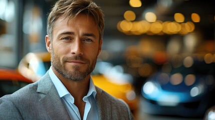 Dealership automotive. Auto insurance. Businessman dealer outdoor. Dealer man in expensive suit. Business man rent car. Insurance agent at luxury car. Successful car dealer. Car policy