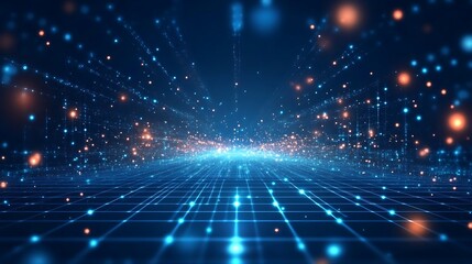 Obraz premium Abstract digital background with glowing particles and grid pattern, ideal for technology and futuristic themes.