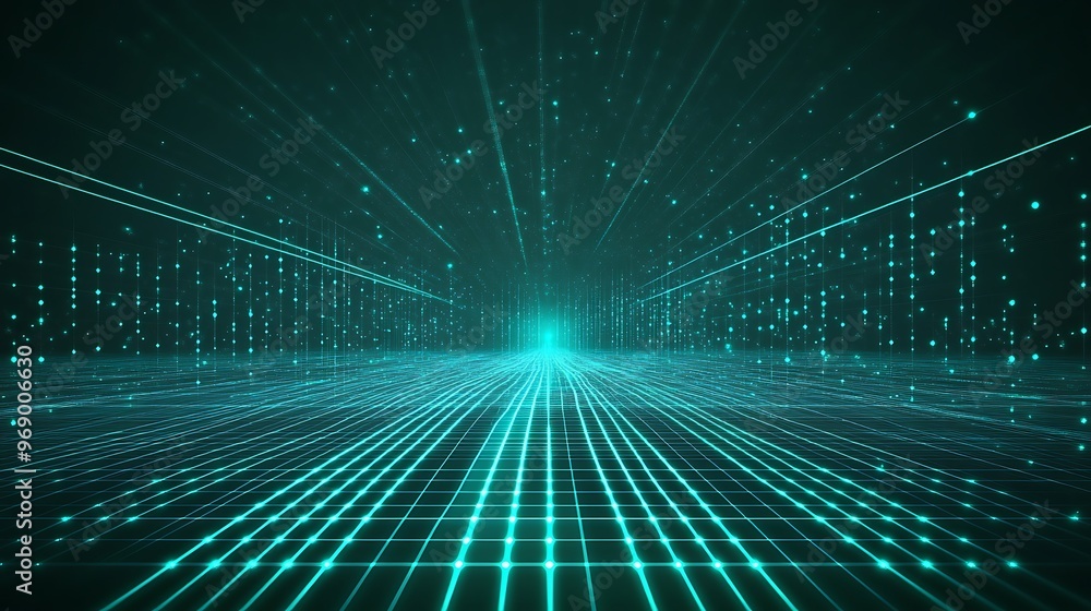 Poster abstract digital landscape featuring glowing lines and data points, creating a futuristic perspectiv