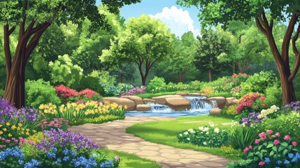 Obraz premium A Tranquil Forest Path with a Waterfall and Blooming Flowers