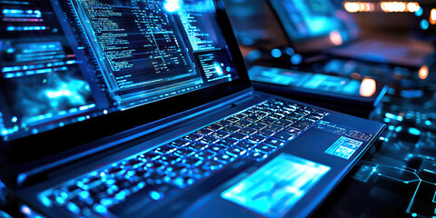 Agent's Digital Arsenal: A laptop computer and tablet, connected to a flat-screen monitor.