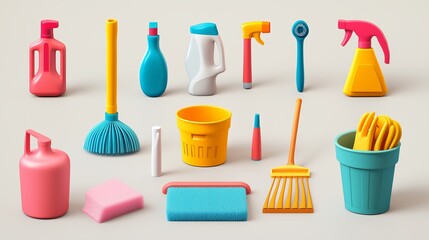 Colorful cleaning supplies arranged on a neutral background showcasing various tools for home maintenance and sanitation