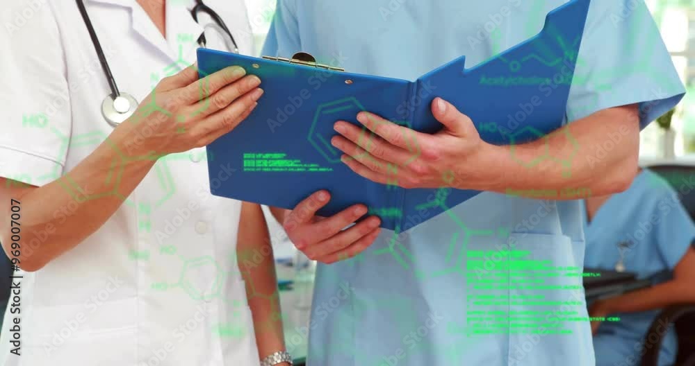 Poster animation of data processing over caucasian doctors talking