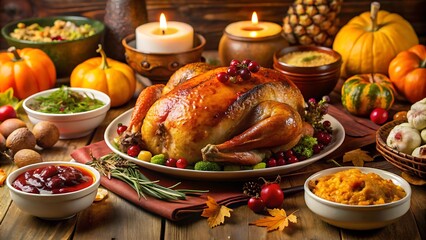 beautifully roasted turkey as the centerpiece of a lavish Thanksgiving dinner table.