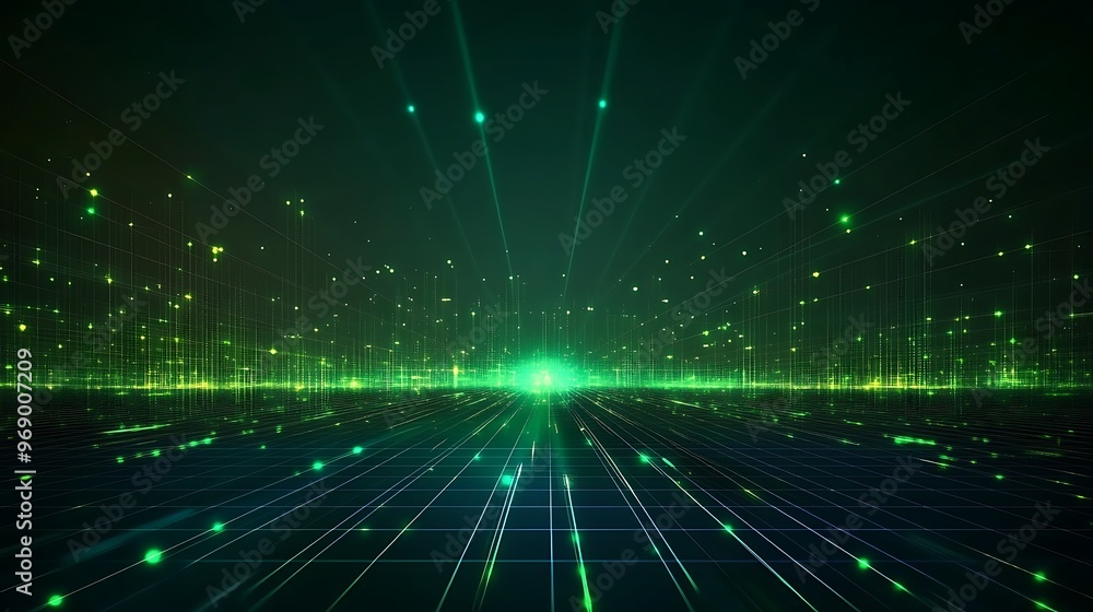 Poster abstract digital landscape with glowing green lines and lights creating a futuristic atmosphere and 