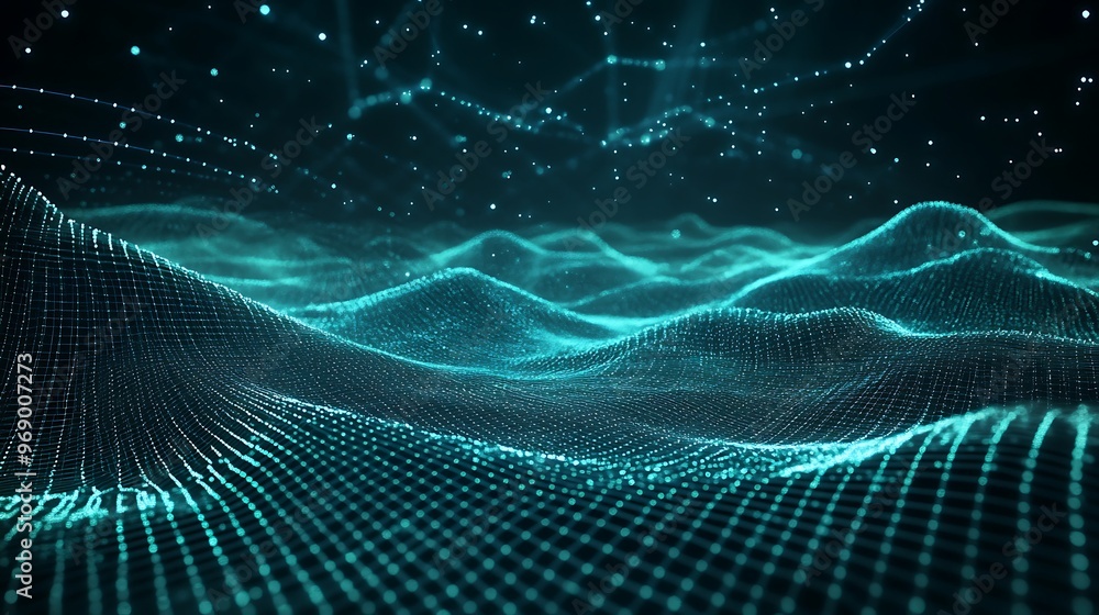 Poster abstract digital landscape with glowing lines and nodes, representing data waves in a futuristic set
