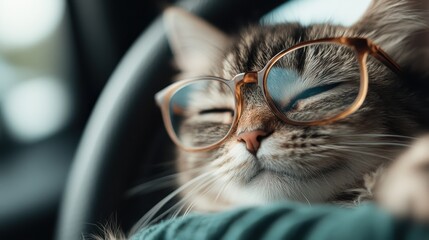 A charming image of a cute cat wearing eyeglasses, creating an adorable and humorous scene while comfortably nestled, indicative of calm and intellect.