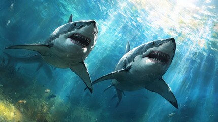 Fototapeta premium Two sharks swimming in the ocean with their mouths open, AI