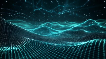 Abstract digital landscape with glowing lines and nodes, representing data waves in a futuristic setting.