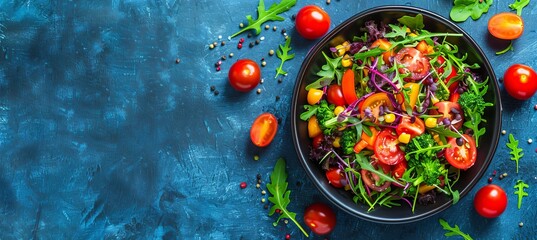 Fototapeta premium Fresh and Colorful Summer Salad with Tomatoes, Corn, Broccoli, and Arugula on Blue Background