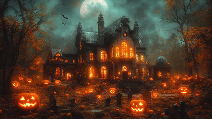 A spooky haunted house surrounded by glowing jack-o'-lanterns under a full moon.
