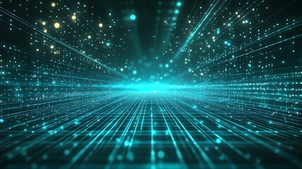 Fototapeta premium Abstract digital landscape with glowing particles and lines, creating a futuristic and dynamic atmosphere of technology and innovation.