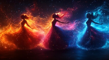 Semiabstract design of an elegant ballroom dance with swirling neon trails capturing the movement of dancers symbolizing grace romance and celebration