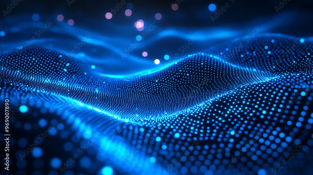 Poster abstract digital landscape with luminous blue waves and glowing particles, creating a depth of field