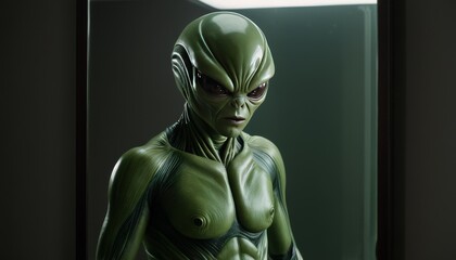 A close-up shot of a green alien figure with detailed features, standing in a dimly lit room. The image emphasizes otherworldly themes, extraterrestrial life, and science fiction, making it perfect
