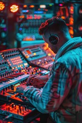 Fototapeta premium Musician Playing Keyboard at Vibrant Nightclub with Neon Lights and Colorful Ambience