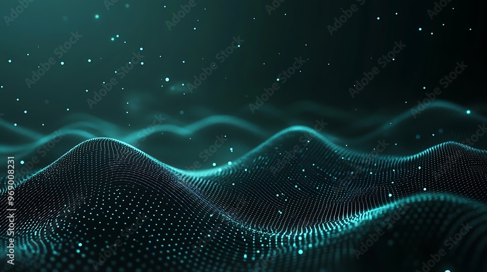 Poster abstract digital waves in teal with sparkling particles, creating a mesmerizing visual perfect for t
