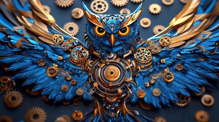 A stunning mechanical owl crafted with intricate gears and vibrant colors, blending nature and technology in a unique design.
