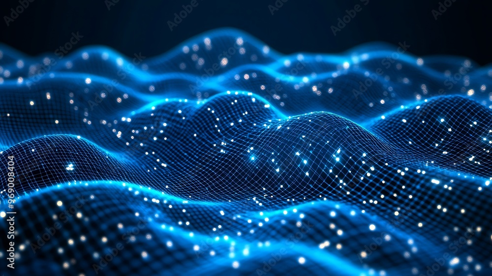 Poster abstract digital waves with glowing particles creating a mesmerizing visual effect in deep blue tone