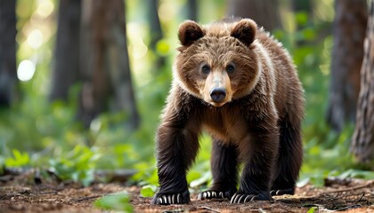 Cuddly Eurasian brown bear cub exploring a lush forest habitat