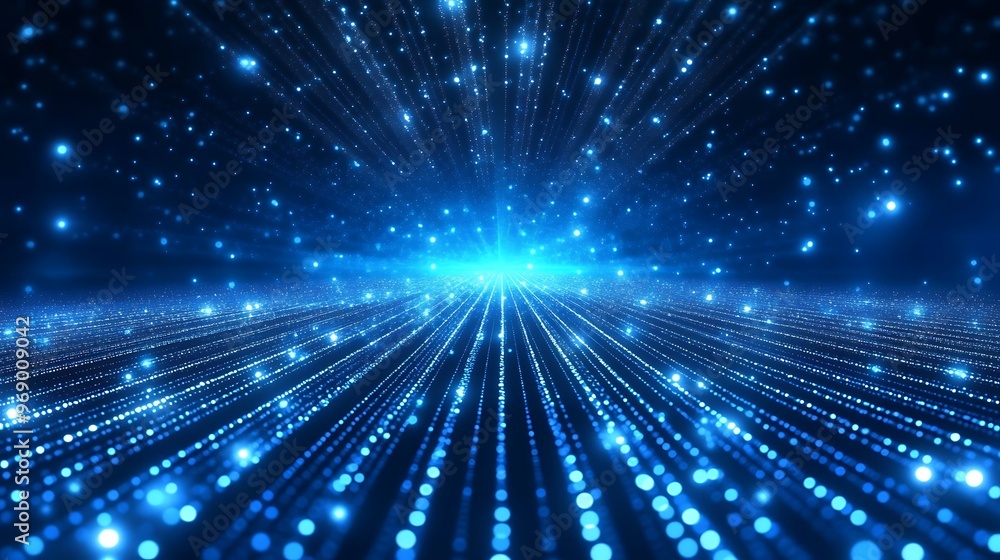 Poster an abstract deep blue background with sparkling rays of light and glowing dots, evoking a sense of d