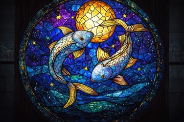 Obraz premium Colorful stained glass artwork depicting two playful koi fish swimming in a moonlit underwater scene