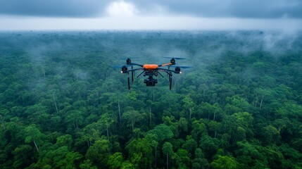 Obraz premium Autonomous AI-guided drones mapping deforestation rates in rainforests: A drone fleet collecting environmental data to predict and prevent deforestation.