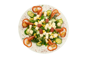 Traditional Turkish salad with fresh ingredients, feta cheese, olives, red tomatoes, cucumbers, isolated on white background. Top view, close-up, copy space.