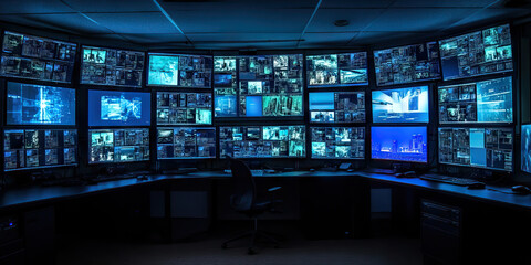 A darkened room, illuminated by multiple monitors displaying real-time feeds.