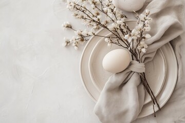A soft and elegant table setting featuring linen napkins, an egg, and natural elements, creating a simple, organic design