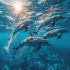 Obraz premium Stunning underwater shot of dolphins swimming gracefully in the sunlight, showcasing marine life in crystal-clear ocean waters.