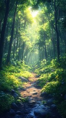 Obraz premium Sunlight filtering through lush green forest canopy, illuminating a scenic path. Tranquil natural landscape perfect for outdoor adventures.