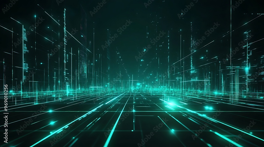 Poster digital landscape with glowing lines and grids, creating a futuristic and high-tech atmosphere.