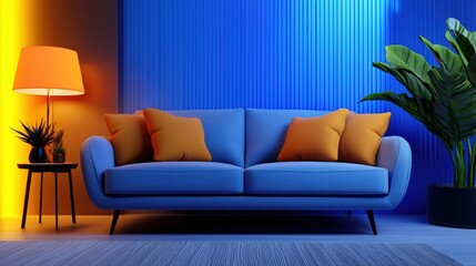 A stylish blue sofa with orange pillows, illuminated by vibrant lighting, creating a cozy and modern interior space.