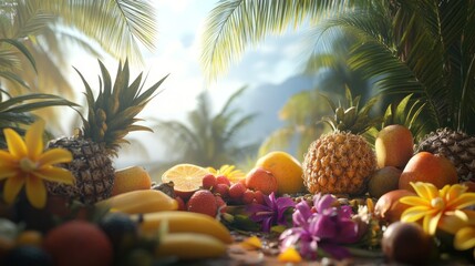Tropical Fruit Arrangement with Palm Leaves and Flowers