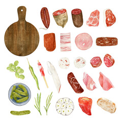 Watercolor food set illustration: sliced salami, cold cuts, ham, snack, bacon, sausage, olives, pickles, wooden board. Clipart food constructor.
