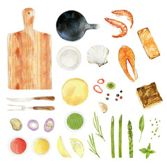 Watercolor seafood illustrations: salmon, shrimp, halibut, vegetables, shell, wooden board, frying pan. Food set constructor.
