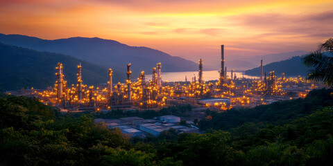 Fototapeta premium Evening picture of the refinery. AI generative.