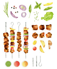 Watercolor barbecue illustrations: meat, kebab, vegetables, greens. Food set constructor. Menu clipart.