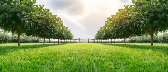 Naklejka premium A Serene Apple Orchard Lush Green Grass Neatly Arranged Trees and Rustic Fencing Create a Picturesque Landscape for Nature Lovers