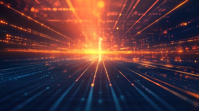 Dynamic visual of abstract light rays converging, creating a sense of speed and energy in a digital landscape.