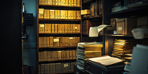 Shadows of the Past: A dimly lit office, overtaken by stacks of yellowing case files and dusty archival boxes.
