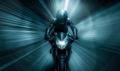 Naklejka premium Black motorbike speeding fast on dark road.